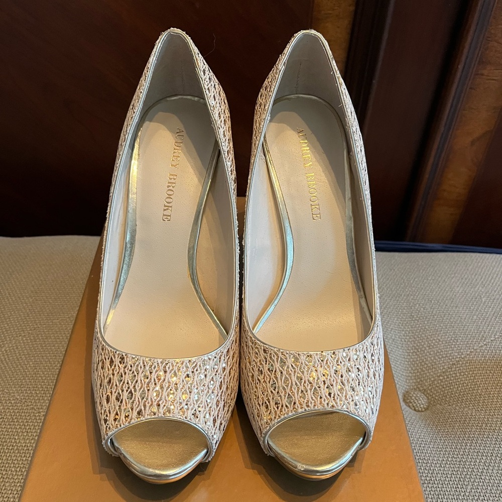 Cream and Gold Glitter Open Toe Heels